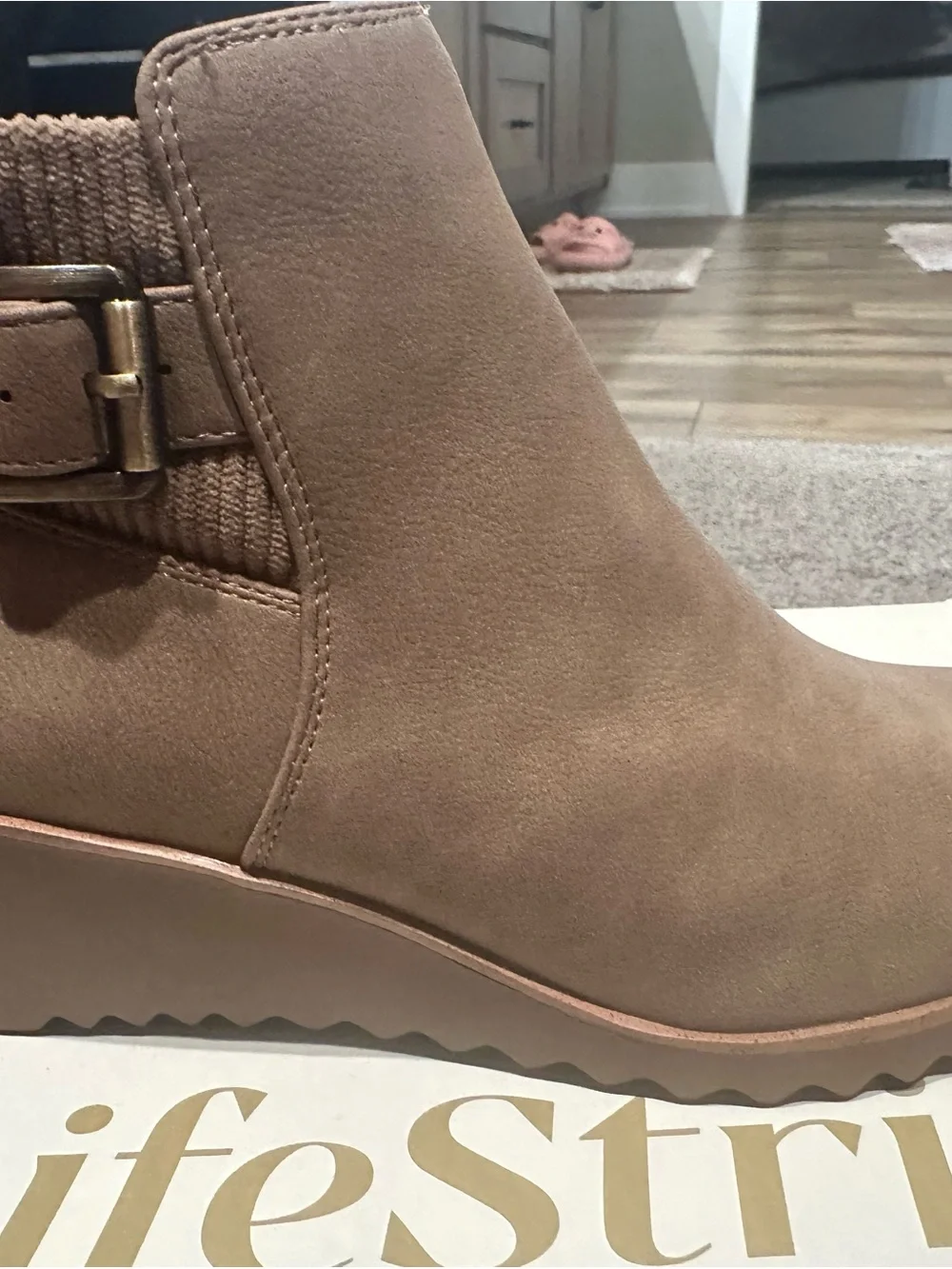 Life Stride Taupe Wedge Ankle Boot with Buckle Accent